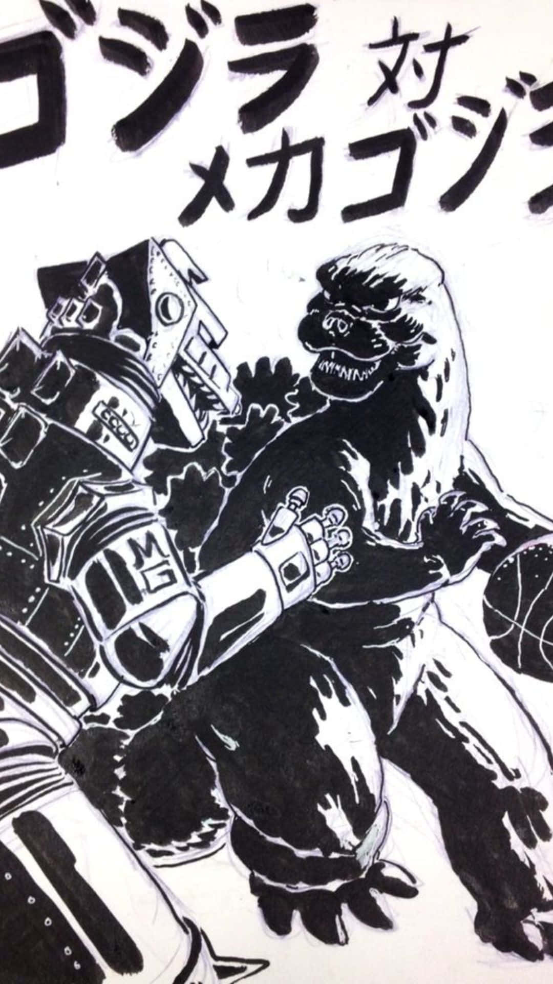 Godzilla Vs Mechagodzilla 桌布 壁紙 — 一幅經典日本怪獸電影海報風格的黑白插圖，描繪哥吉拉與機械哥吉拉的動態戰鬥。
