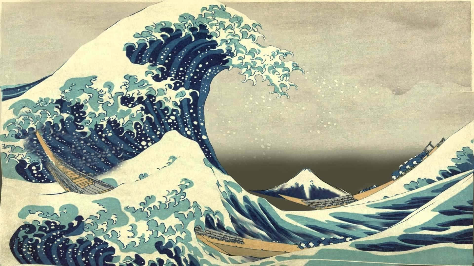 藝術 桌布 壁紙 — 一幅經典日本木版畫中，巨浪翻騰，藍色巨浪蓋過船隻，富士山在遠方清晰可見。
