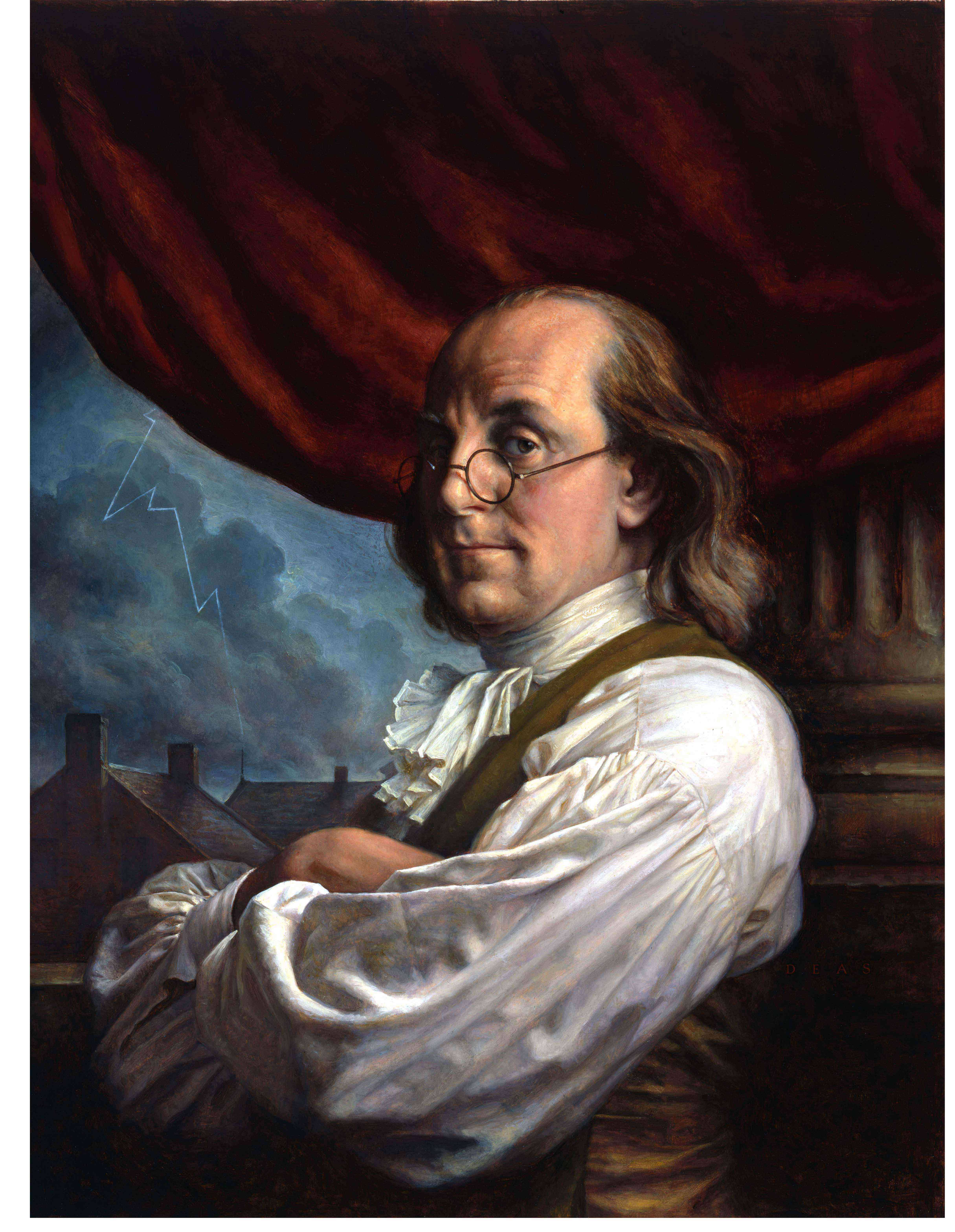 Franklin 桌布 壁紙 — 一幅經典油畫，描繪班傑明·富蘭克林身穿18世紀服裝，戴著圓形眼鏡，雙臂交叉，站在風暴天空前，天空中有閃電和紅色帷幕。