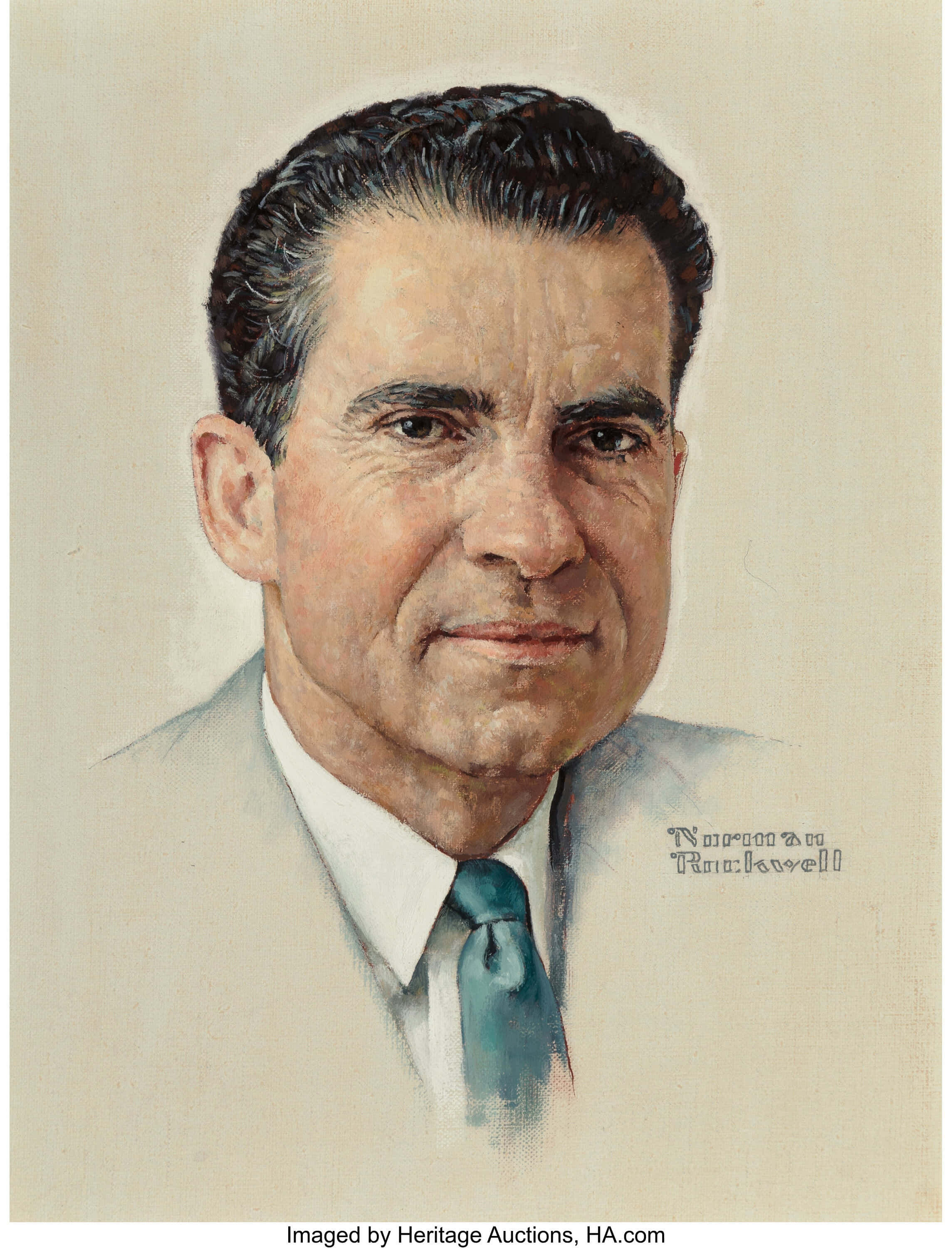 Norman Rockwell 桌布 壁紙 — 一幅經典油畫肖像，描繪一位中年男士身穿淺色西裝和青綠色領帶，帶著溫暖而嚴肅的表情。