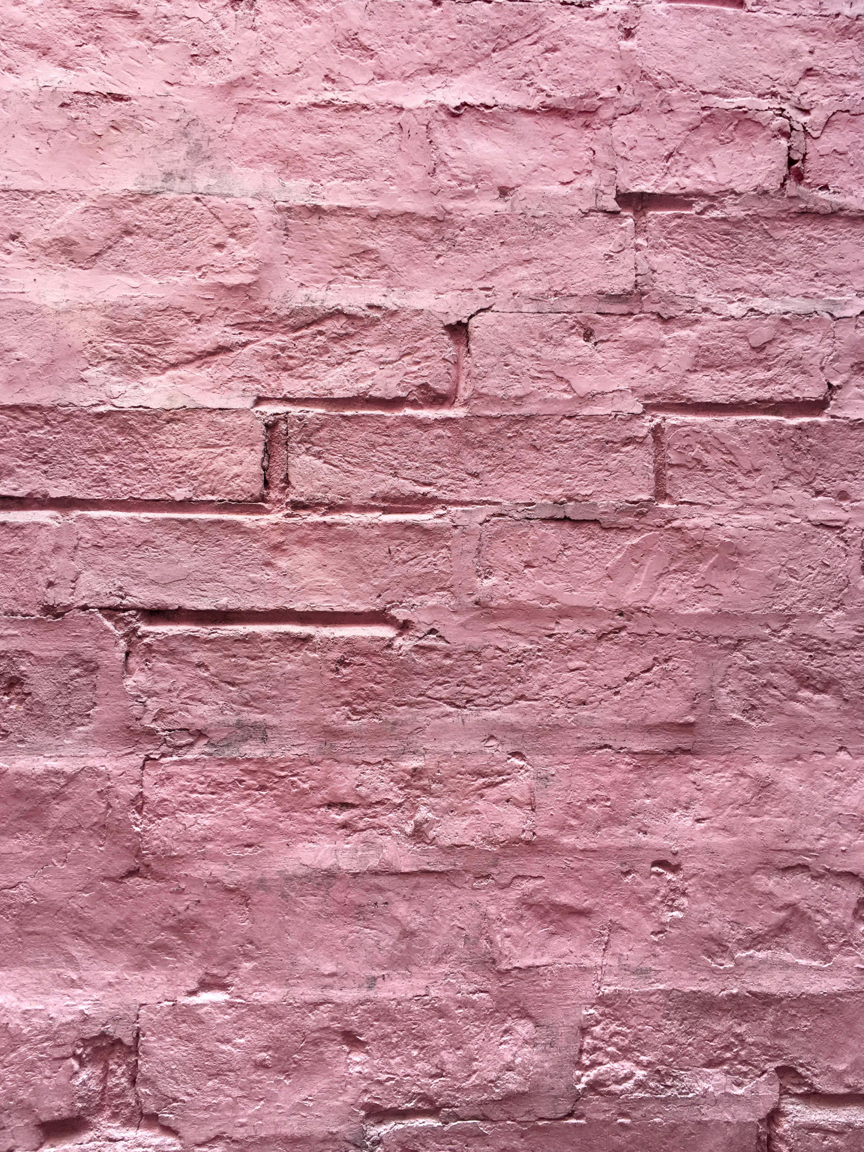 Pink Brick 桌布 壁紙 — 一幅經風化的磚牆近距離特寫，漆上柔和粉紅色，可見紋理及水泥線。