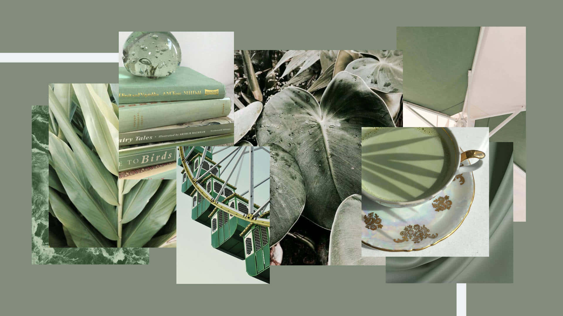 Green Aesthetic Laptop 桌布 壁紙 — 一幅綠色調圖像的拼貼畫，包括書籍、熱帶葉子、茶杯和建築細節，以現代抽象構圖排列。