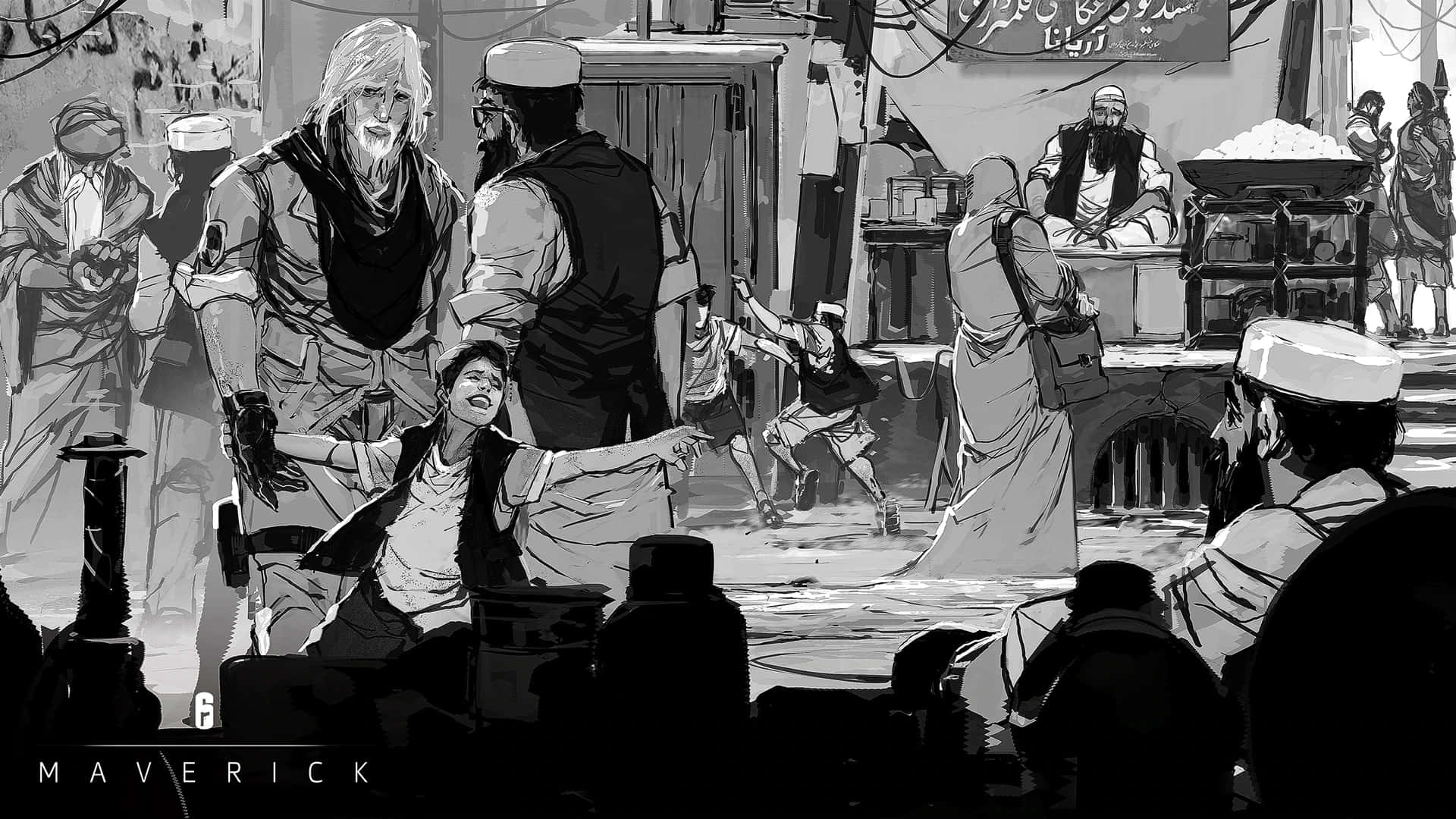 Rainbow Six Siege Maverick 桌布 壁紙 — 一幅繁忙的黑白街景，描繪不同穿著傳統服飾的人物在市場攤位和懸掛紡織品之間互動。