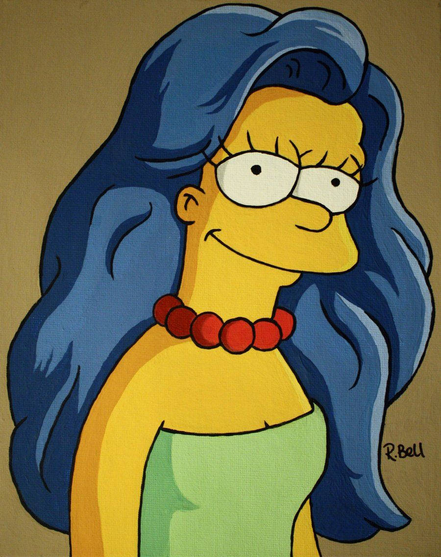 marge 桌布 壁紙 — 一幅繪畫的瑪吉·辛普森肖像，長藍色頭髮、紅色珠子和綠色連衣裙，背景為米色。
