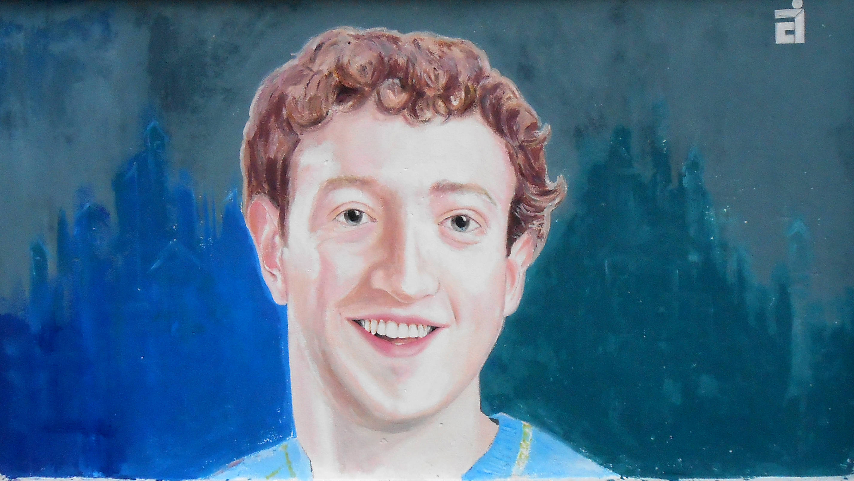 Zuckerberg 桌布 壁紙 — 一幅繪畫肖像，描繪一位微笑的年輕男子，擁有捲曲的棕色頭髮，背景為藍色抽象風格。