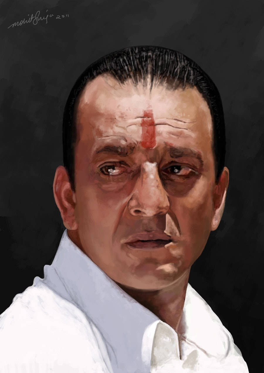 Sanjay 桌布 壁紙 — 一幅繪畫肖像，描繪一名額頭上有紅色標記、身穿白色襯衫的男子，背景為深色。