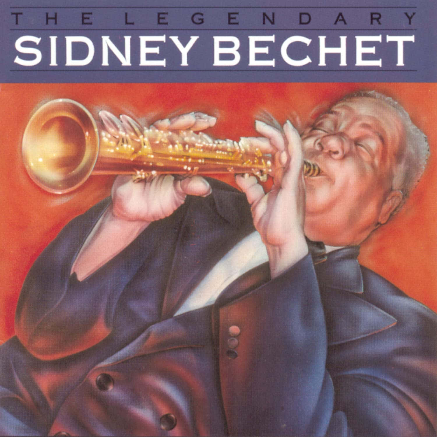 Album Cover 桌布 壁紙 — 一幅繪畫風格的肖像，爵士傳奇Sidney Bechet在熾熱的橙色背景下熱情地吹奏金色薩克斯風。