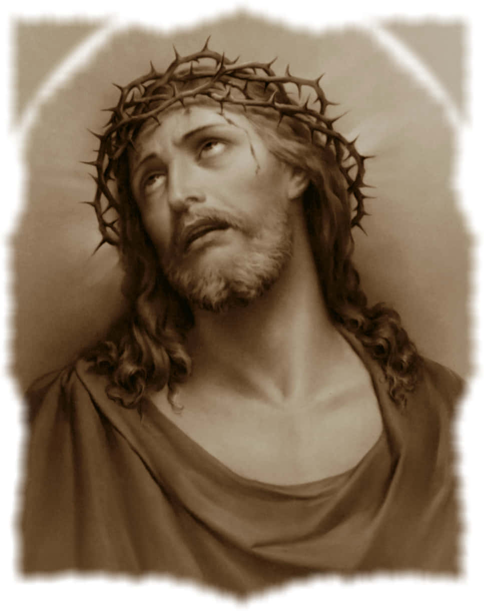 Jesus Crown Of Thorns 桌布 壁紙 — 一幅耶穌的棕褐色調肖像，頭戴荊棘冠冕，頭後有光環。