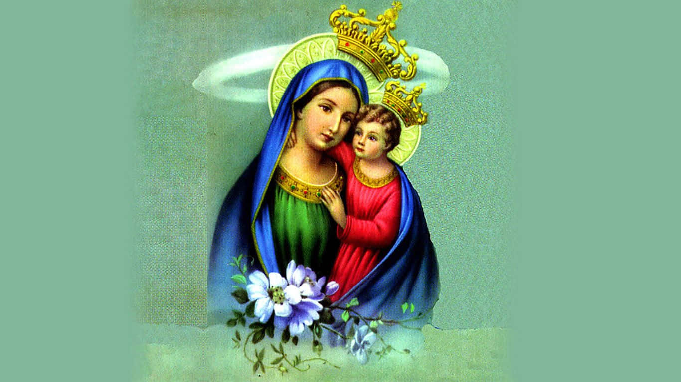 Mother Mary 桌布 壁紙 — 一幅聖母瑪利亞懷抱嬰兒耶穌的復古插圖，兩者均戴有光環，並被藍色和白色花朵環繞。