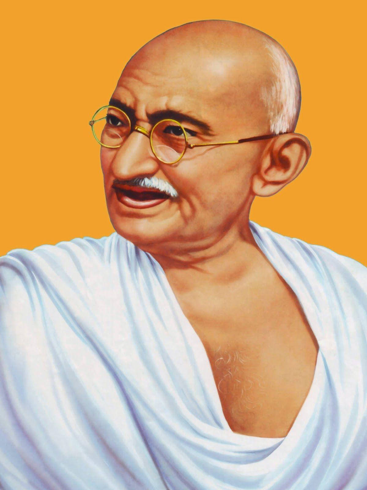 Mahatma Gandhi 桌布 壁紙 — 一幅聖雄甘地的肖像，身穿白色腰布，在純橙色背景上溫暖微笑。