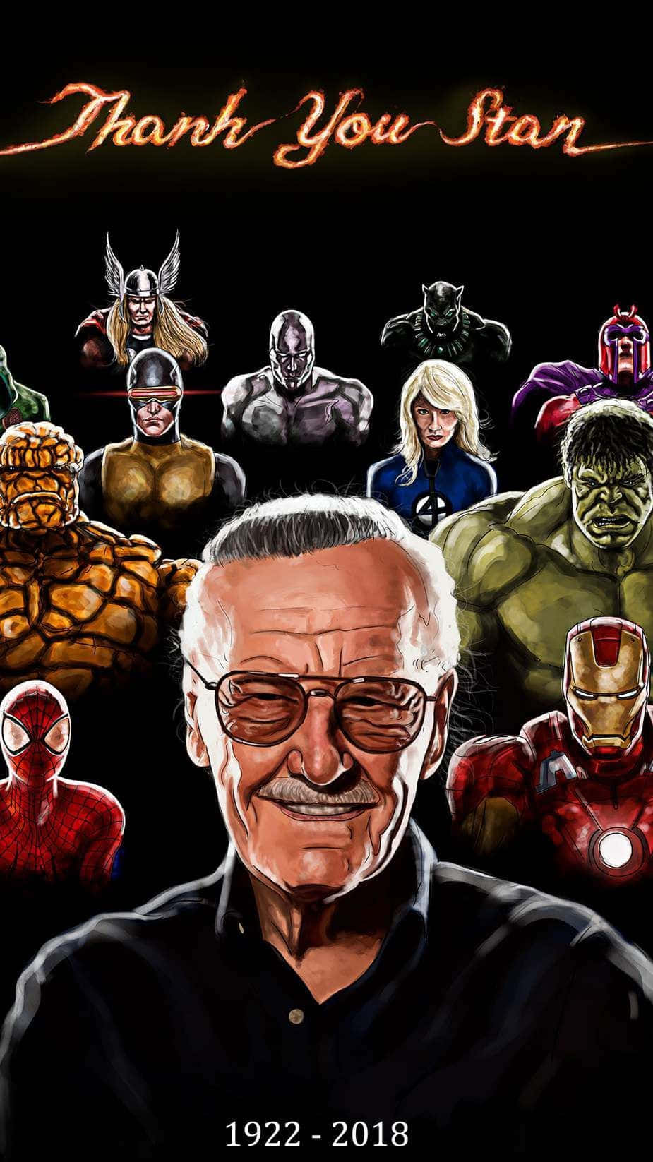 Stan Lee Tribute 桌布 壁紙 — 一幅致敬插圖，以黑色背景襯托，向史丹·李致敬，周圍環繞著標誌性的漫威超級英雄。