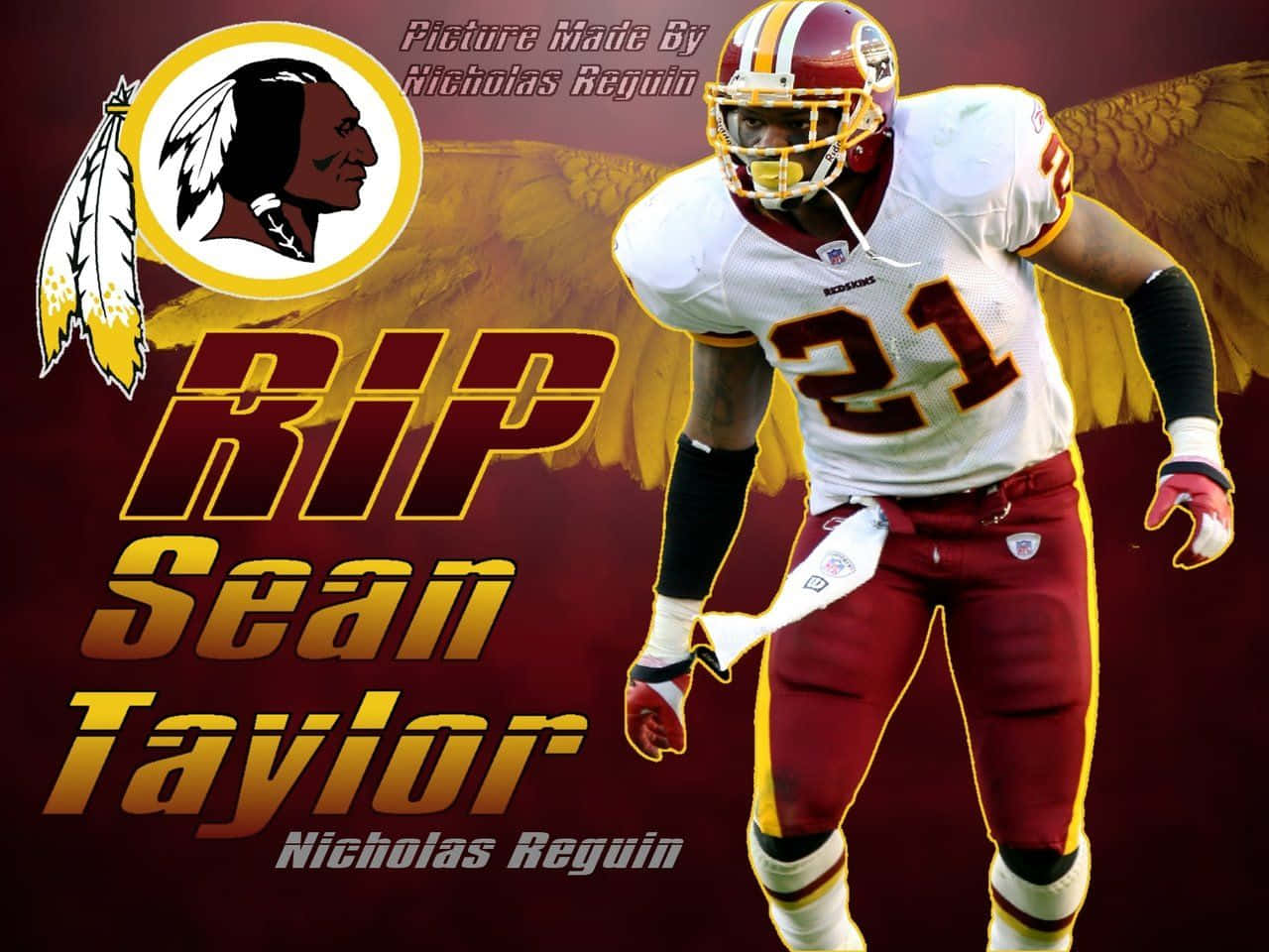 Sean Taylor 桌布 壁紙 — 一幅致敬美式足球員肖恩·泰勒的圖片，他身穿華盛頓紅皮隊裝備，帶有金色翅膀，背景為栗色。