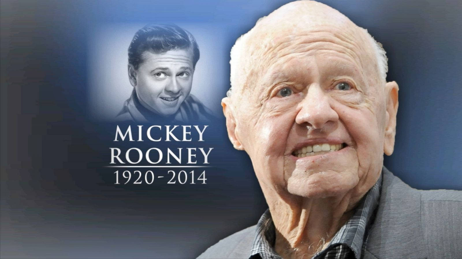 mickey rooney 桌布 壁紙 — 一幅致敬肖像，展示米奇·魯尼年輕時和年老時微笑的樣子，背景為藍色漸變，附有他的名字和壽命。