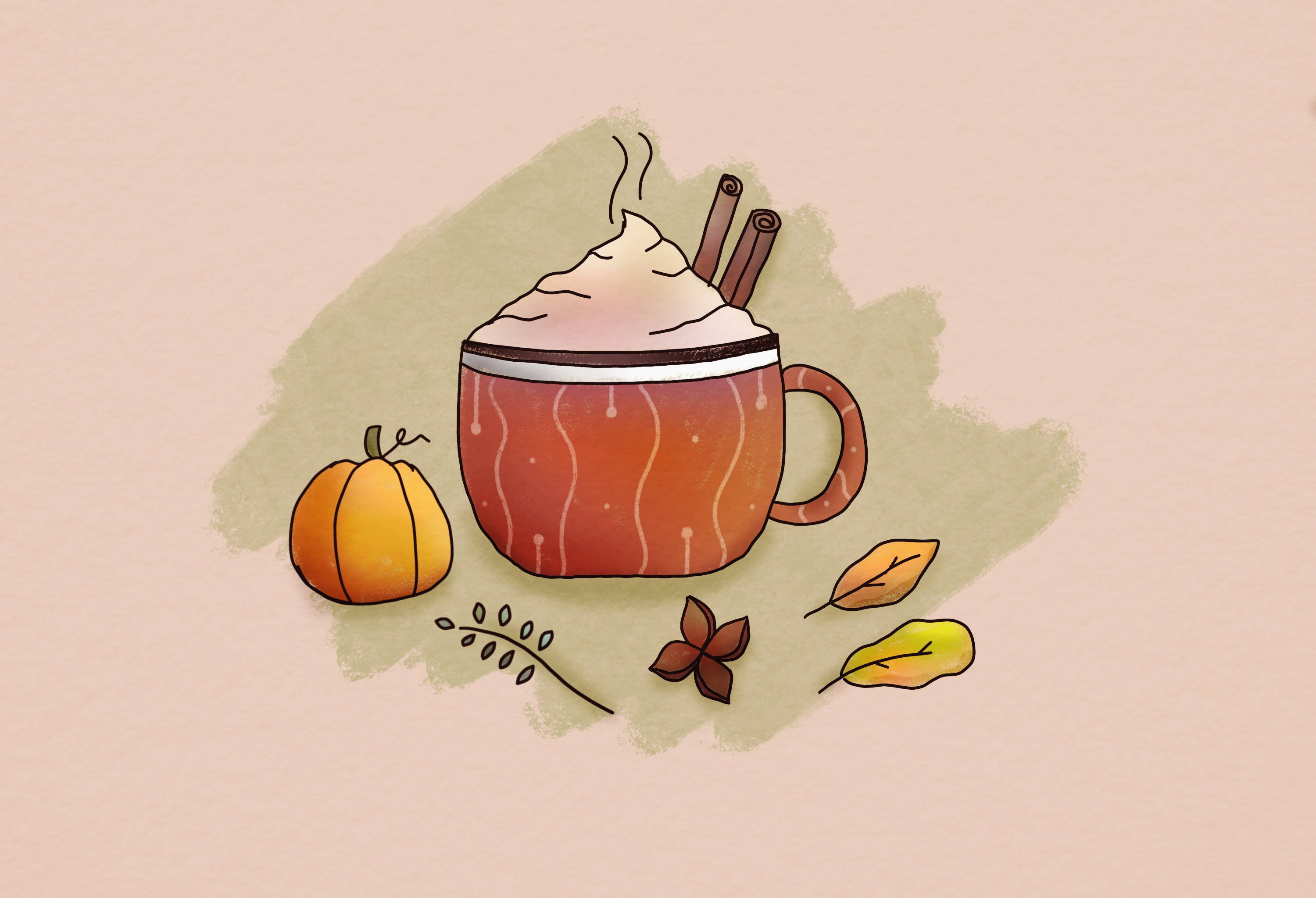 Fall Leaves 桌布 壁紙 — 一幅舒適的秋季插圖，描繪了一杯冒著熱氣的南瓜香料拿鐵，上面有鮮奶油和肉桂棒，周圍環繞著季節性元素。