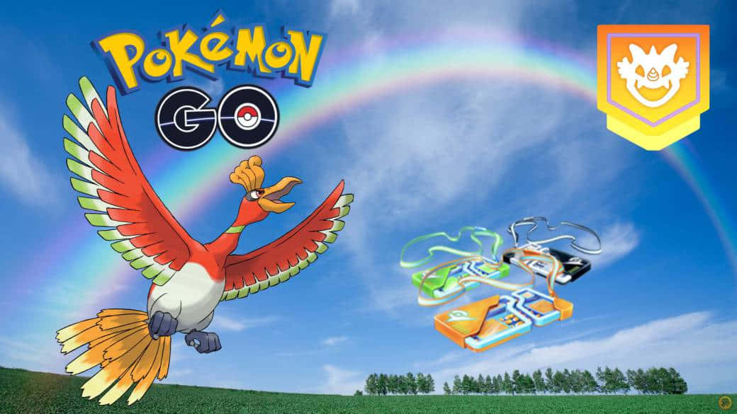 寶可夢 桌布 壁紙 — 一幅色彩繽紛的 Pokémon Go 廣告，描繪翱翔的 Ho-Oh 和精靈球發射器，背景是彩虹天空。