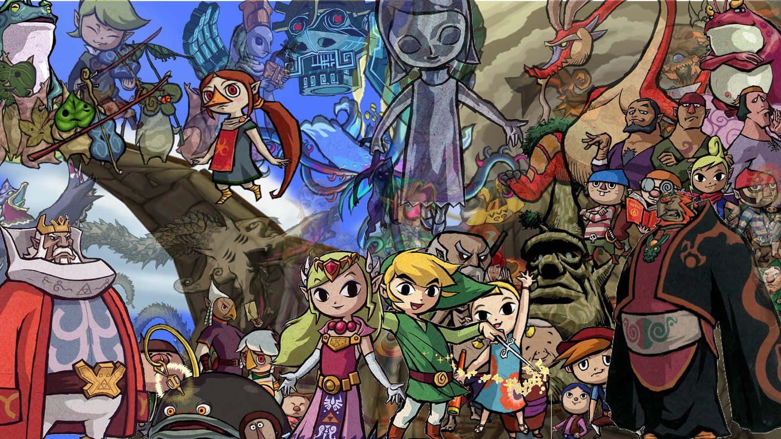 The Legend Of Zelda The Wind Waker 桌布 壁紙 — 一幅色彩繽紛的《薩爾達傳說》角色漫畫風格拼貼畫， featuring Link、Zelda 及各種盟友以動感姿態呈現。
