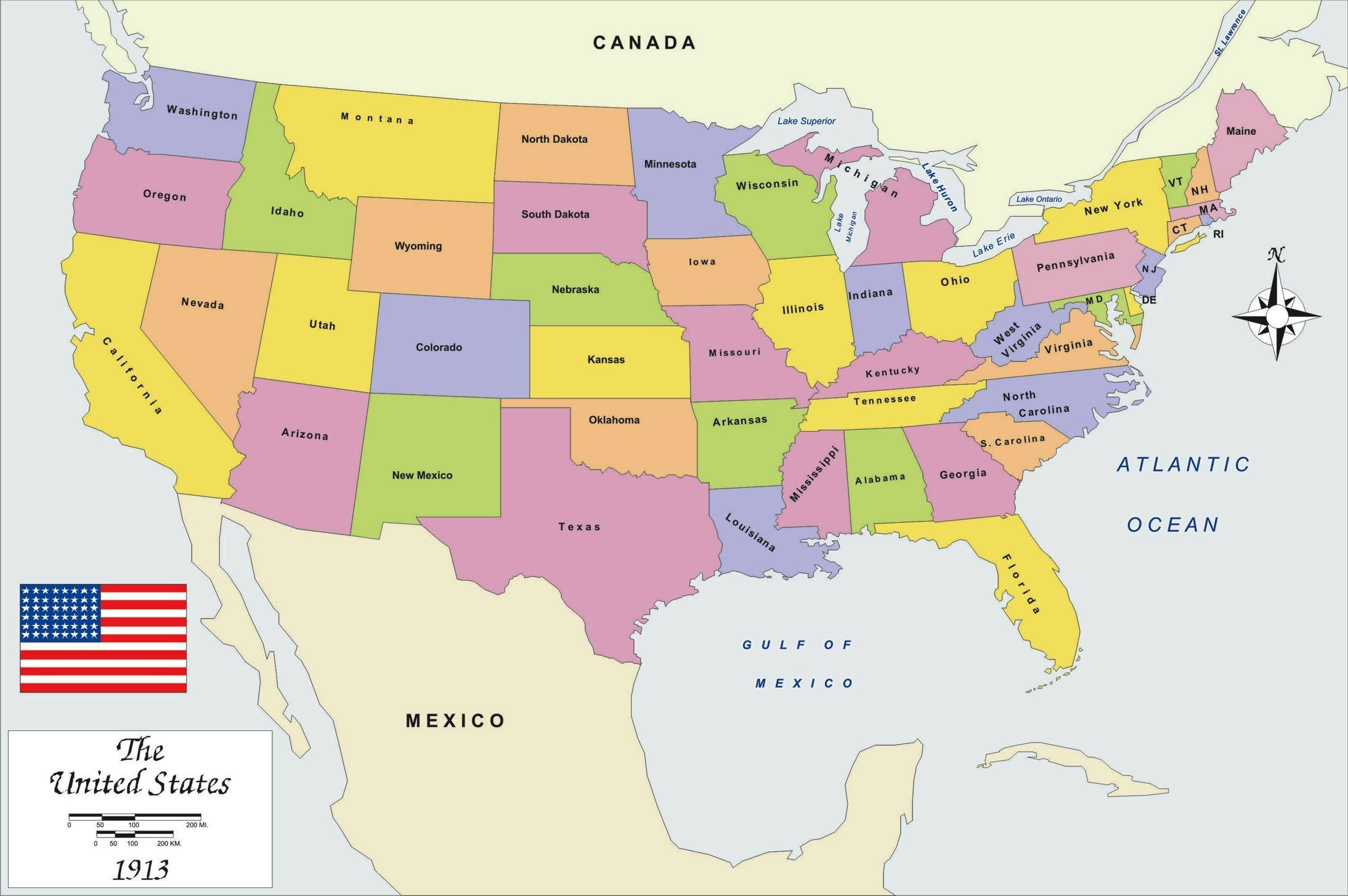 United States Map 桌布 壁紙 — 一幅色彩繽紛的1913年美國政治地圖，標有各州名稱和指南針玫瑰。