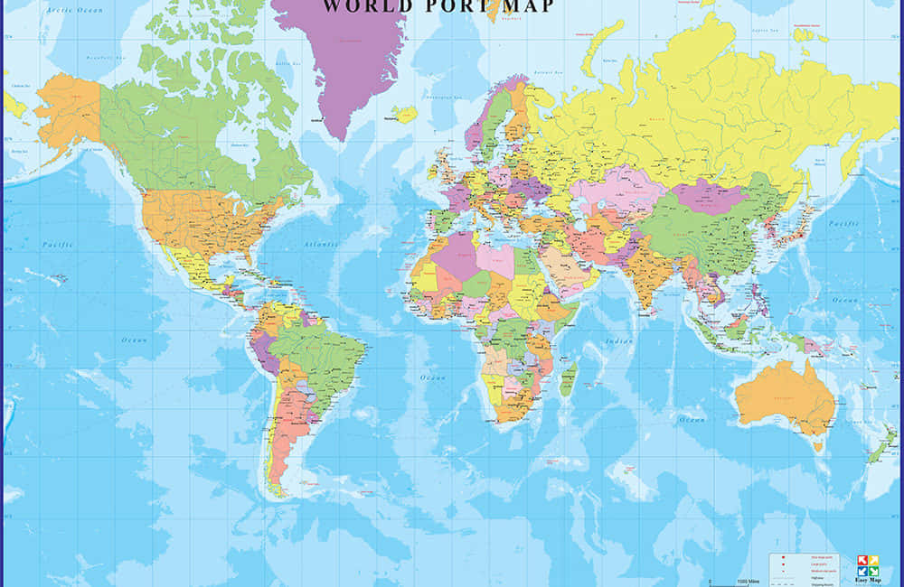 Map 桌布 壁紙 — 一幅色彩繽紛的世界地圖，以不同色調的國家突出港口，背景為藍色海洋。