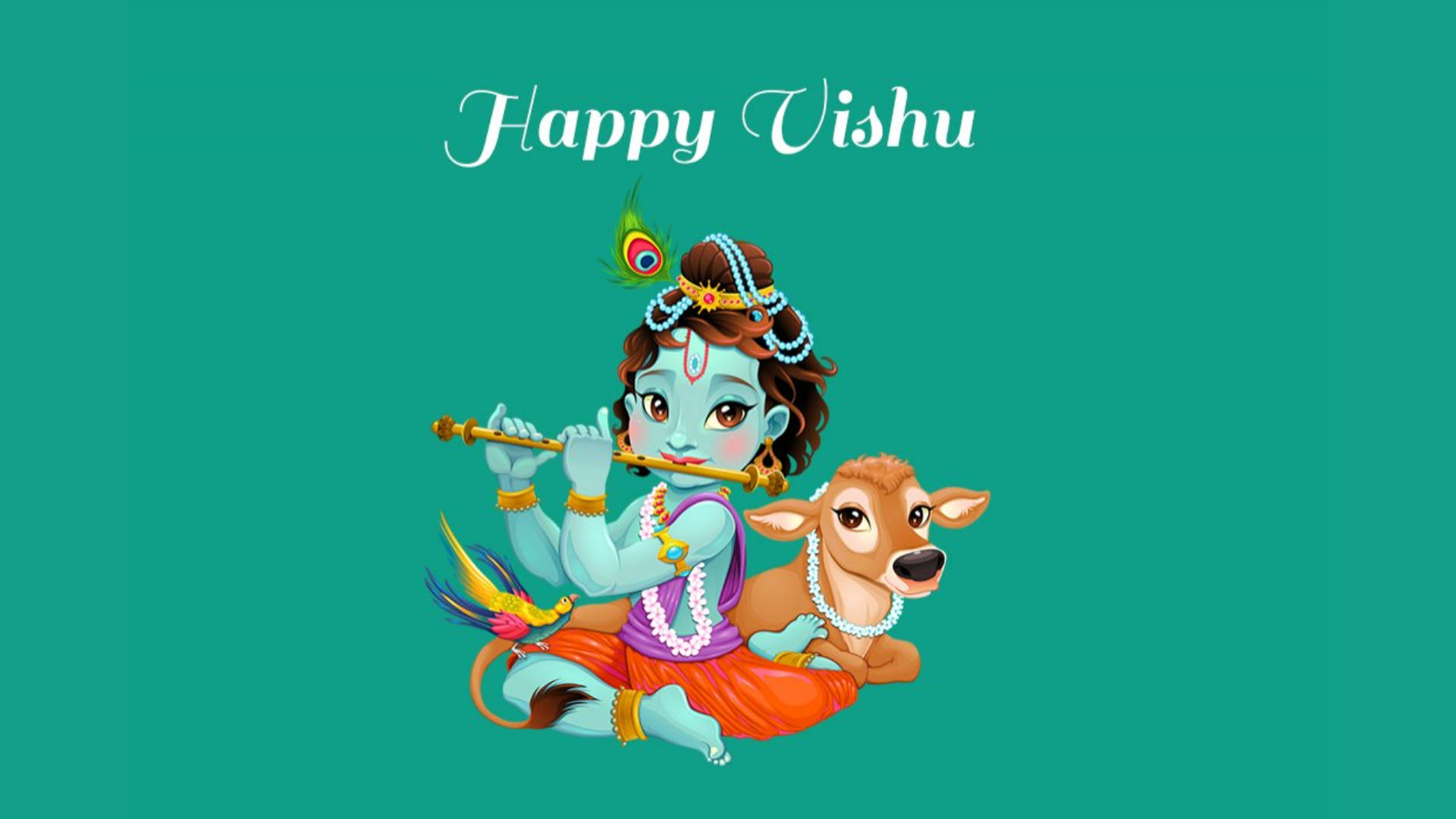 Happy Vishu 桌布 壁紙 — 一幅色彩繽紛的卡通描繪，克里希納神坐在小牛旁邊吹奏長笛，背景為純青色，並帶有「Happy Vishu」文字。