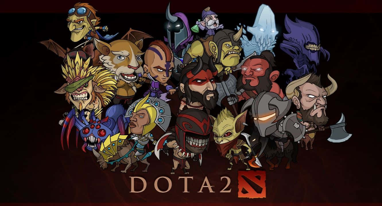heroes 桌布 壁紙 — 一幅色彩繽紛的卡通插圖，描繪Dota 2多樣化的英雄陣容在深色背景前一起擺姿勢。