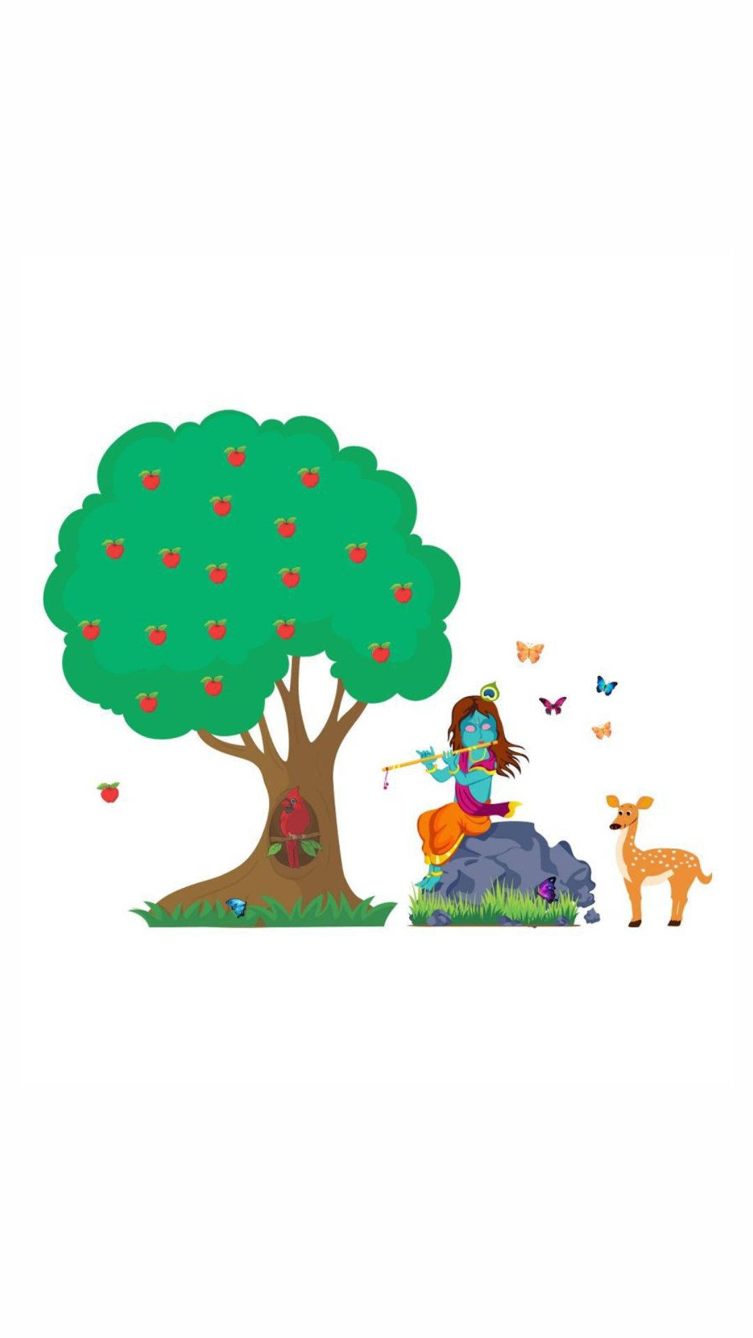 cute krishna 桌布 壁紙 — 一幅色彩繽紛的卡通插圖，描繪一位藍皮膚的神祇在蘋果樹旁吹笛，附近有一隻鹿和蝴蝶。