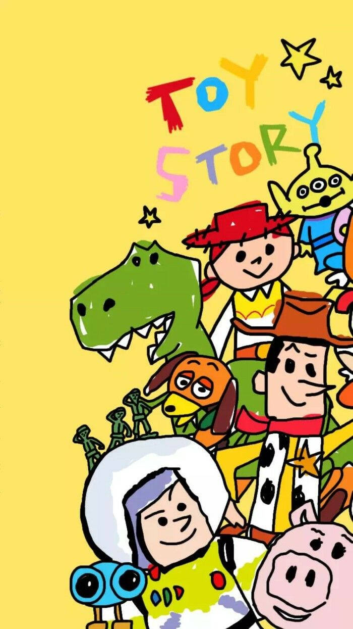 Toy Story 3 桌布 壁紙 — 一幅色彩繽紛的卡通插圖，描繪了《玩具總動員》角色堆疊在一起，背景是明亮的黃色，帶有星星和標題。