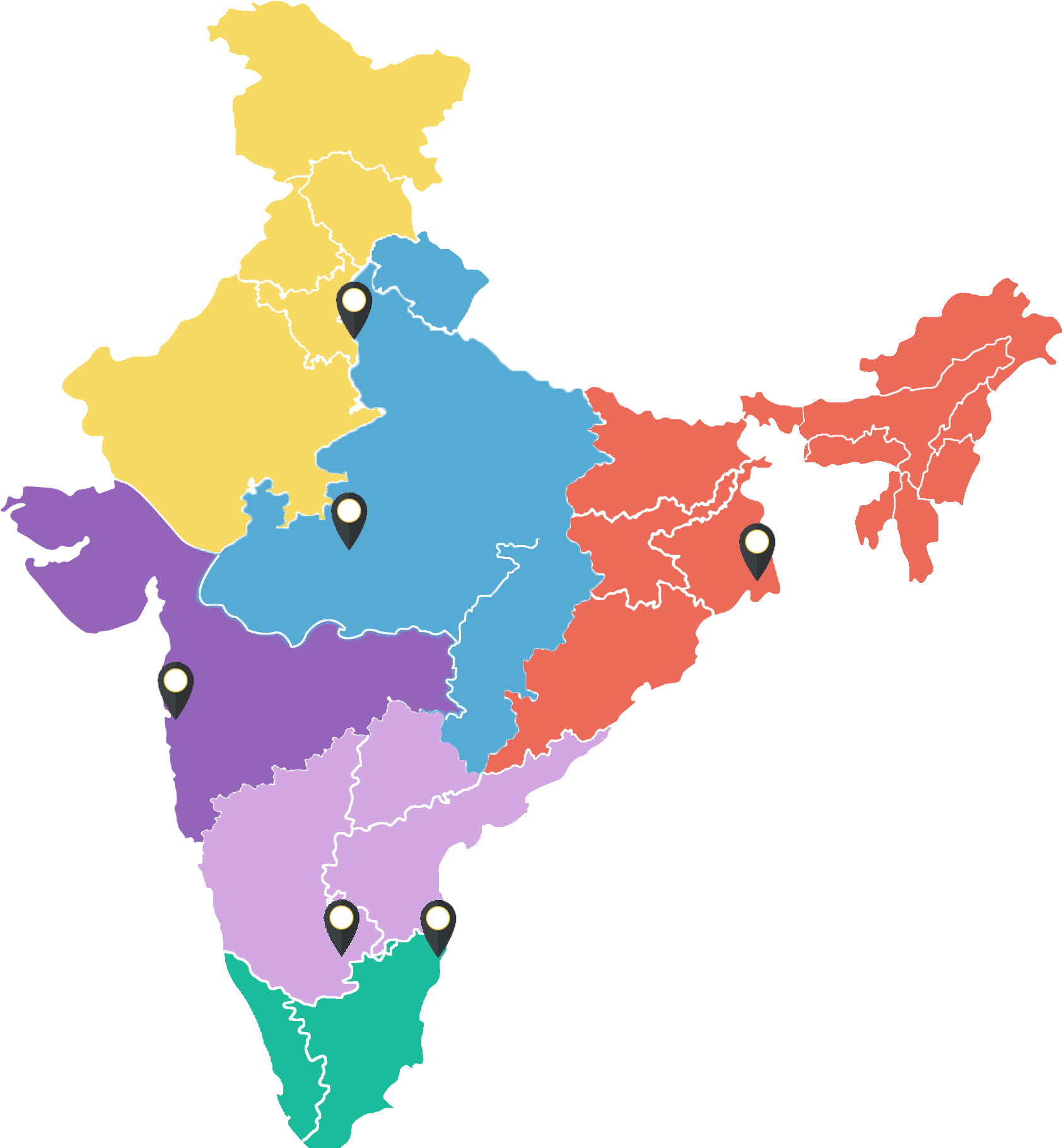 India Map 桌布 壁紙 — 一幅色彩繽紛的印度插圖地圖，區域用大頭針標記在黑色背景上。
