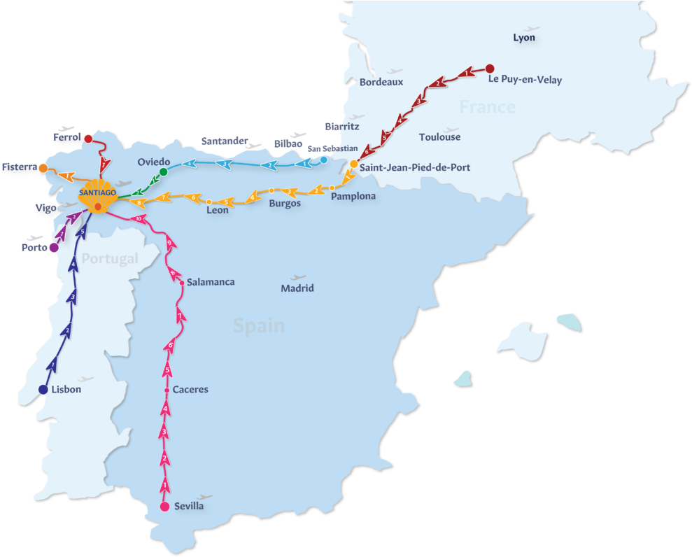 宏都拉斯 桌布 壁紙 — 一幅色彩繽紛的地圖，顯示穿越西班牙和法國的朝聖路線，並標有城市和方向箭頭。