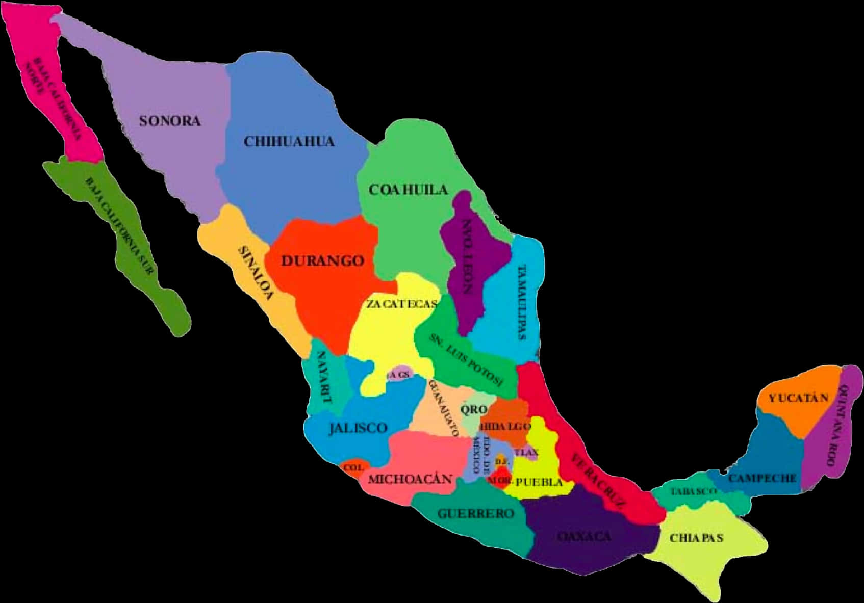 Mapa De Mexico 桌布 壁紙 — 一幅色彩繽紛的墨西哥政治地圖，每個州都有標籤並在黑色背景上清晰著色。