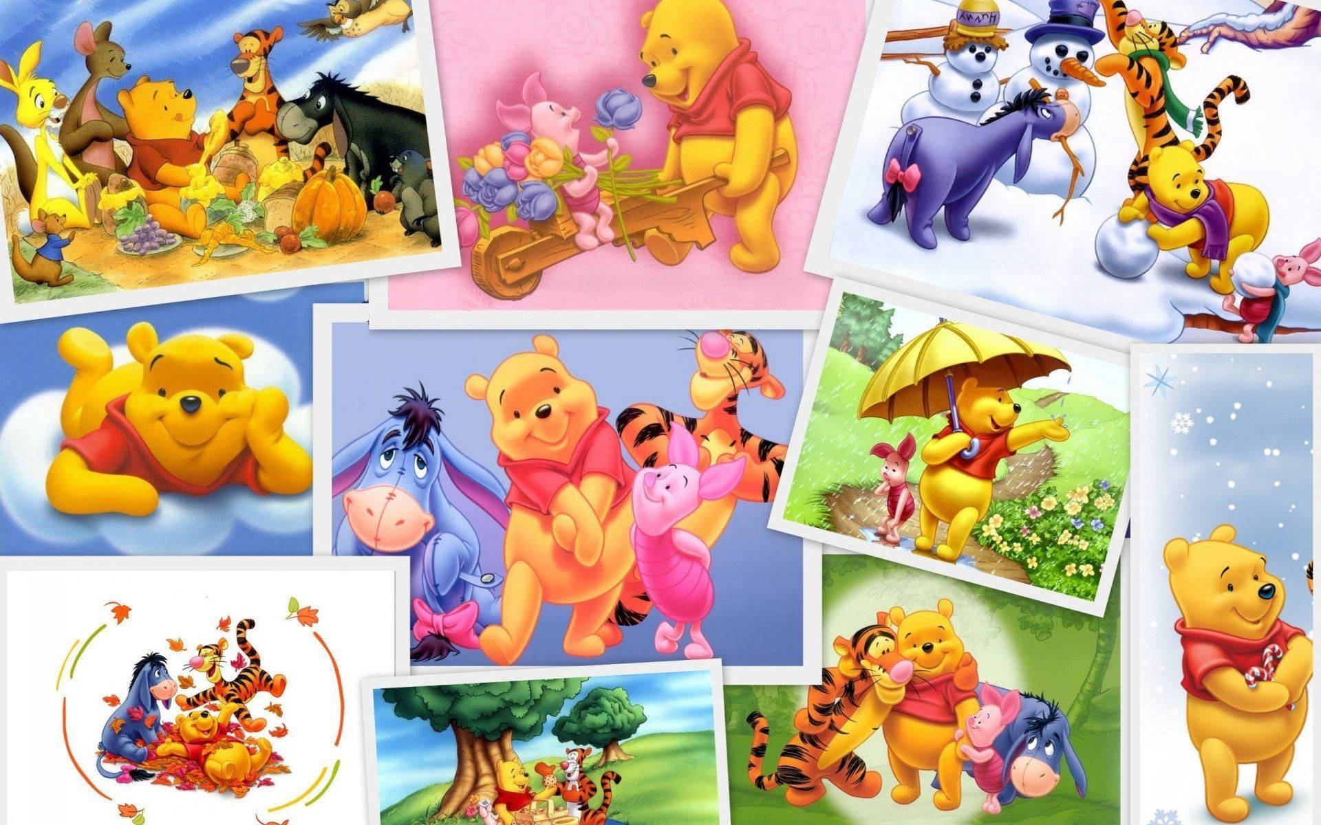 winnie the pooh 桌布 壁紙 — 一幅色彩繽紛的小熊維尼插圖拼貼畫，展示他與朋友在各種歡樂的季節場景中。