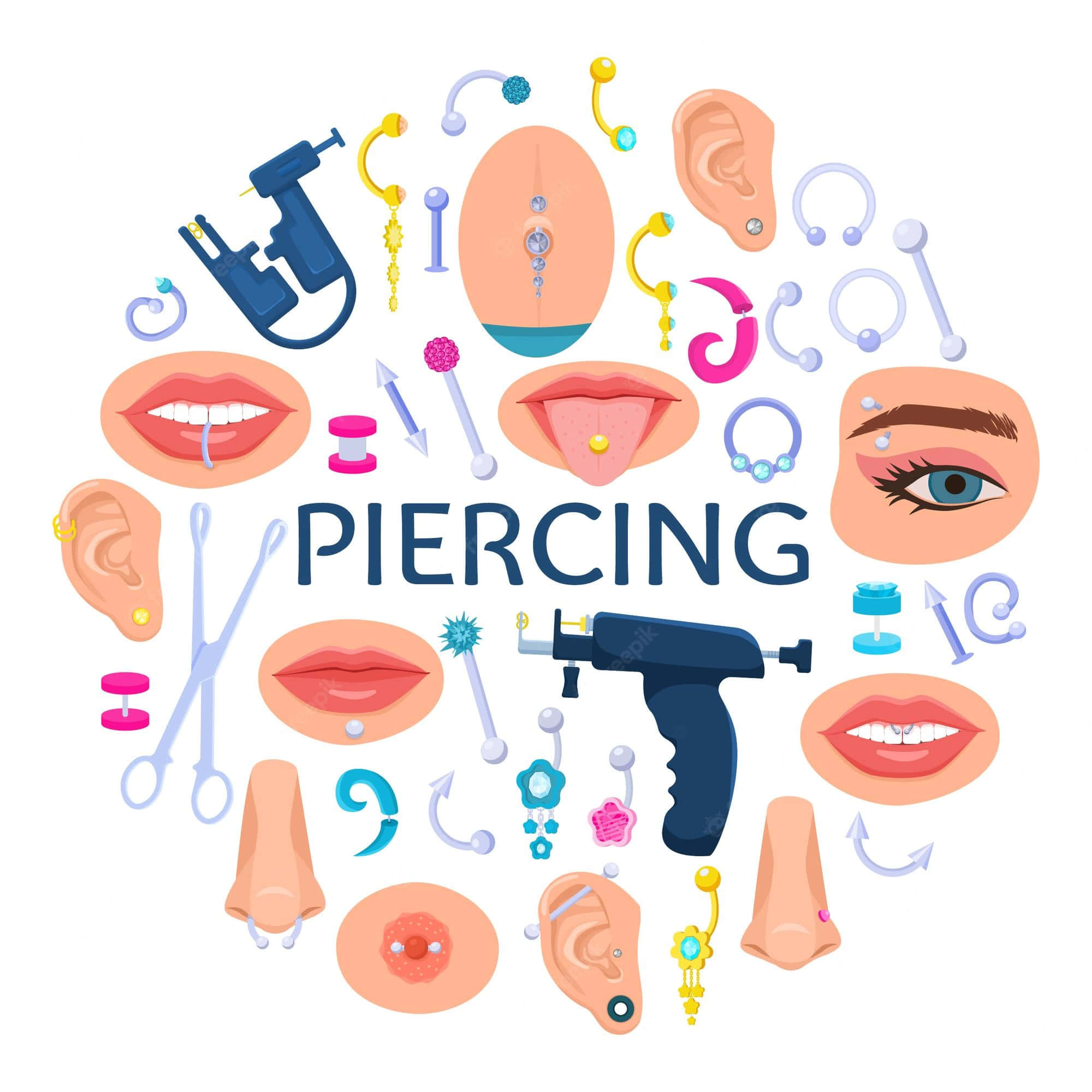 Circle 桌布 壁紙 — 一幅色彩繽紛的平面向量插圖，展示圍繞「PIERCING」一詞排列的各種身體穿刺和工具。