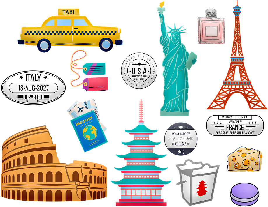旅行 桌布 壁紙 — 一幅色彩繽紛的平面插圖拼貼，包含全球旅行圖標，如計程車、雕像、艾菲爾鐵塔和護照印章。