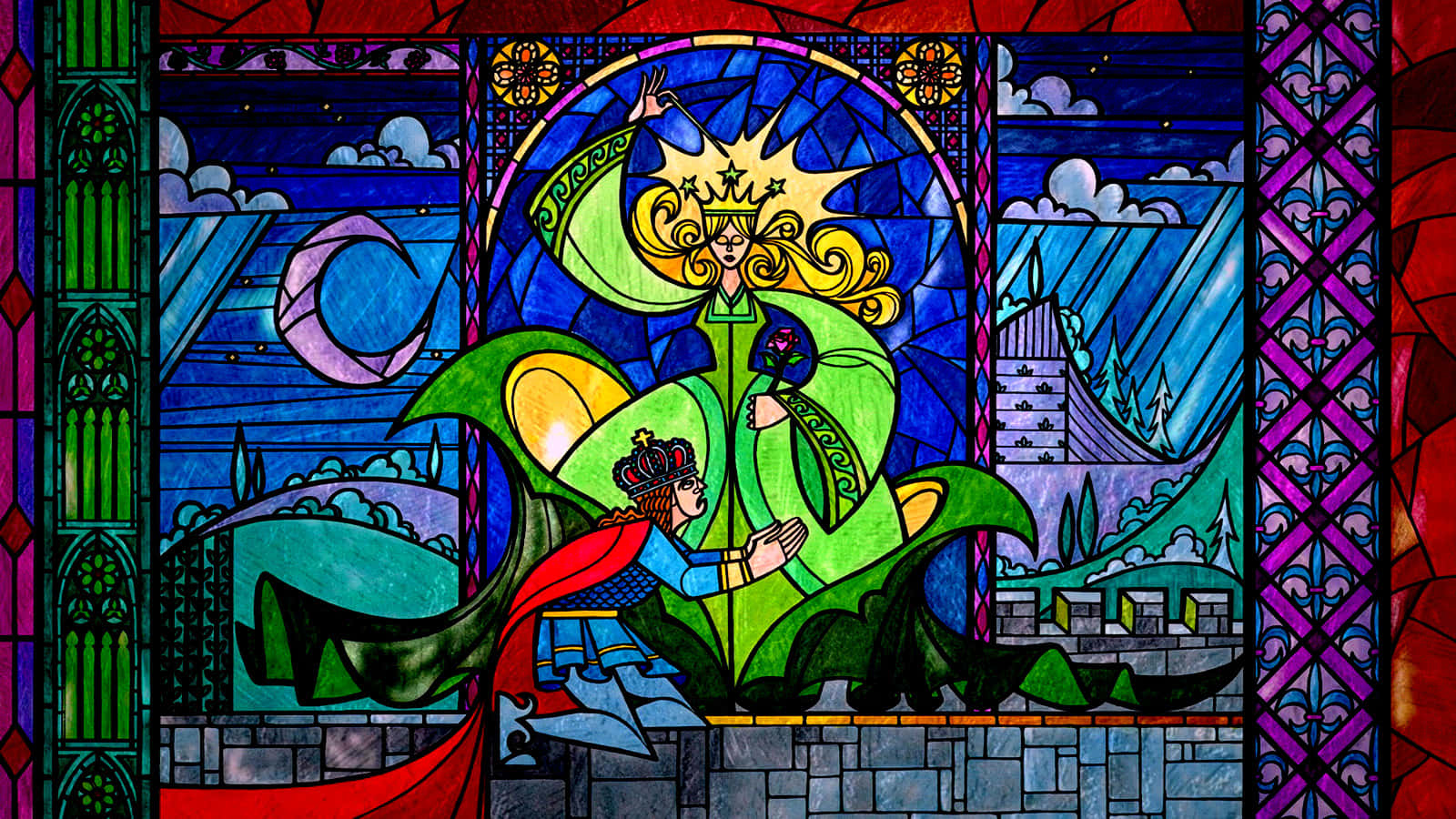 Stained Glass 桌布 壁紙 — 一幅色彩繽紛的彩繪玻璃窗描繪了一位戴冠的人物從綠色植物中升起，而一位跪著的國王敬畏地伸出手。