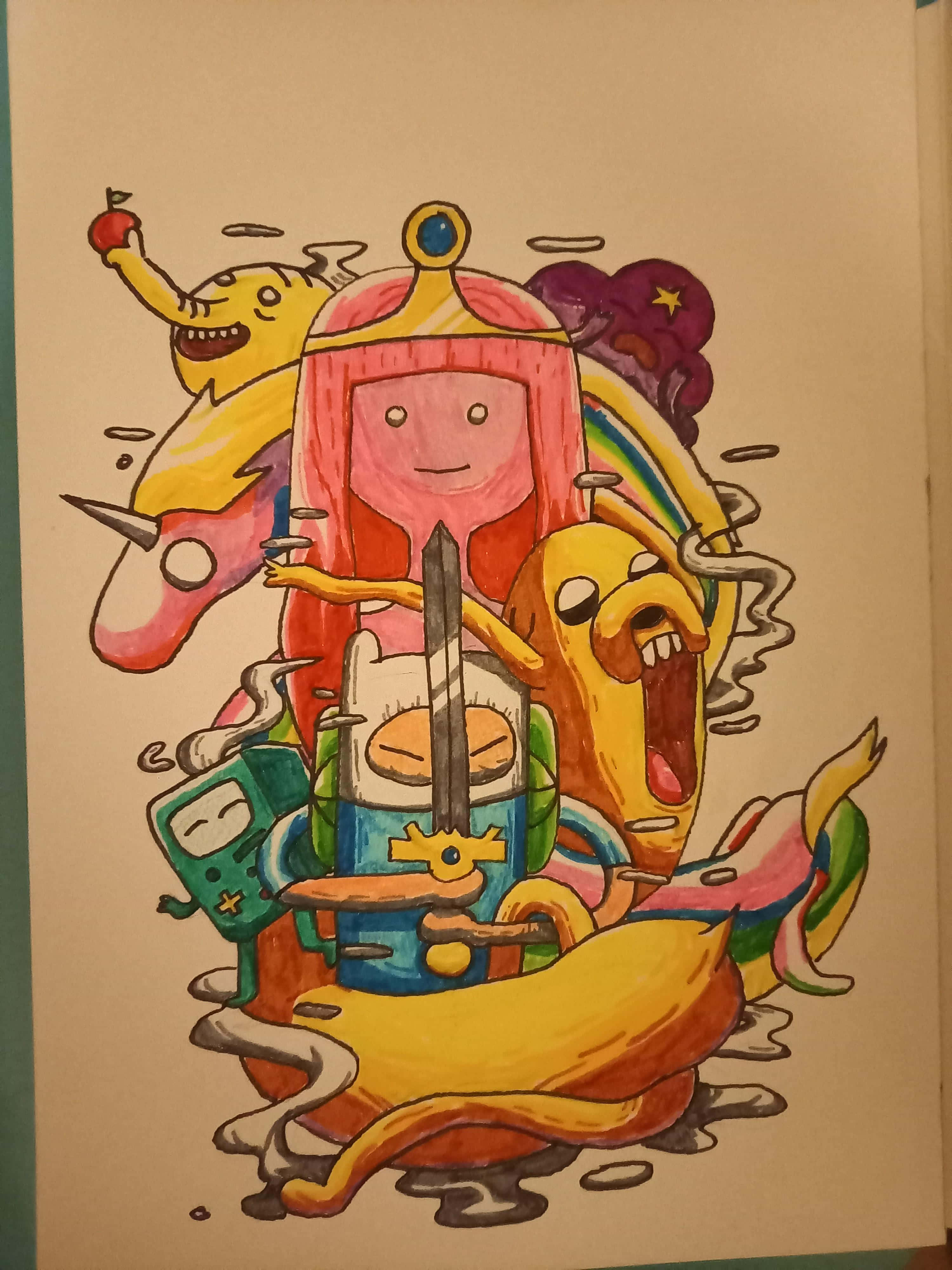 Adventure Time Cute 桌布 壁紙 — 一幅色彩繽紛的手繪插圖，描繪《探險活寶》角色以混亂而歡樂的群體姿勢，表情豐富，線條動感。