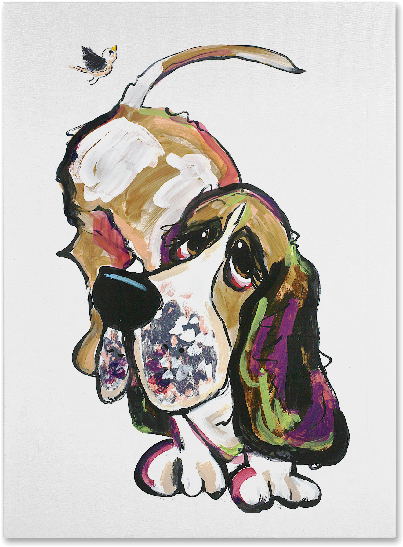 Basset Hound 桌布 壁紙 — 一幅色彩繽紛的抽象畫，描繪一隻巴吉度獵犬，背上有隻小鳥棲息，背景為純白色。
