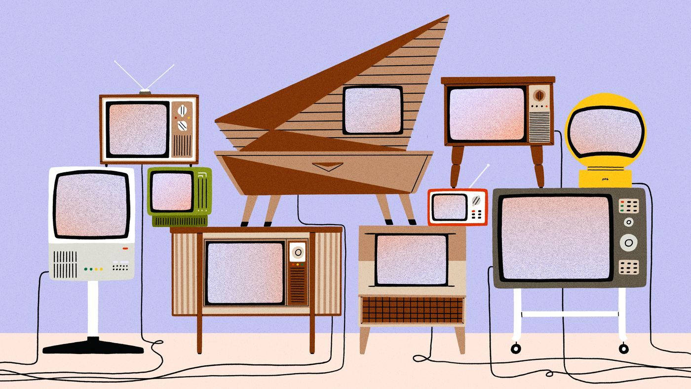 Aesthetic Retro 桌布 壁紙 — 一幅色彩繽紛的插圖，描繪了復古電視機和電唱機堆疊在薰衣草背景上。