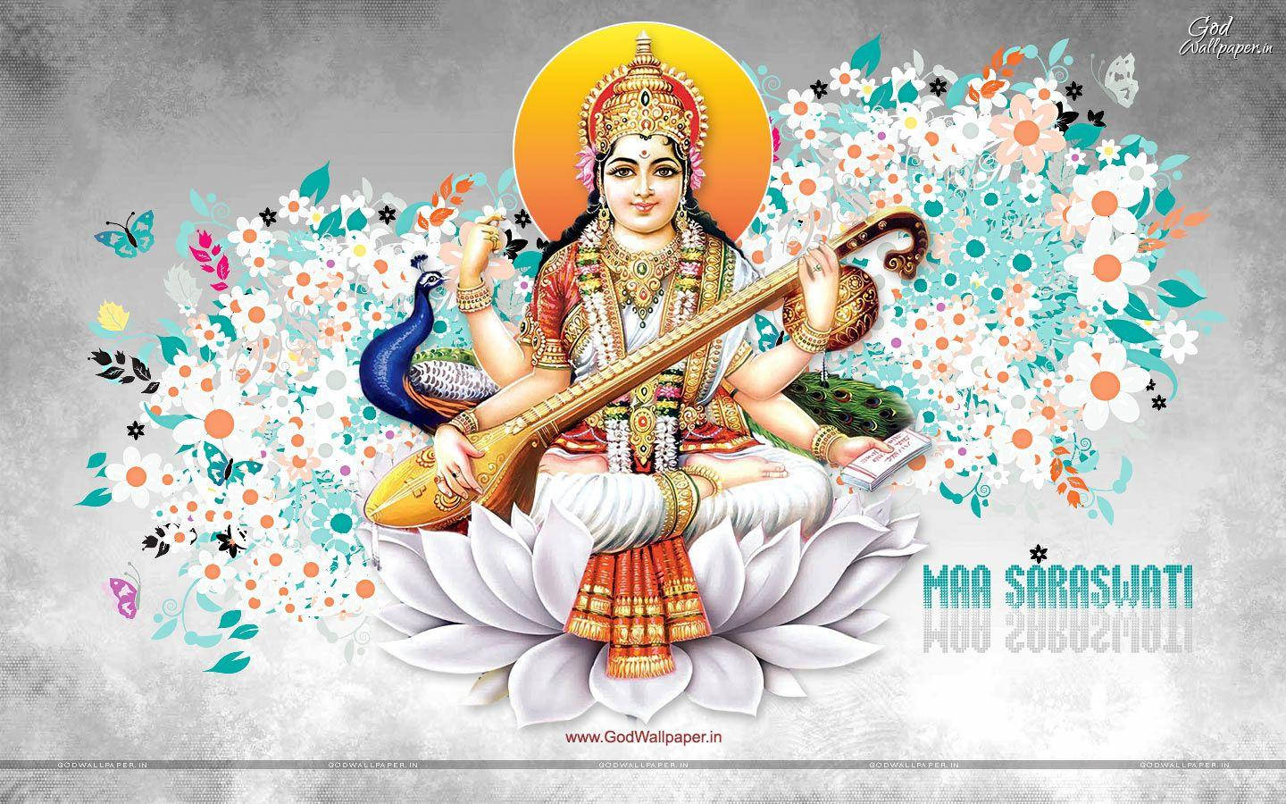 Saraswati Mata 桌布 壁紙 — 一幅色彩繽紛的插圖，描繪女神薩拉斯瓦蒂坐在白色蓮花上，手持維納琴，周圍環繞著鮮花和蝴蝶。