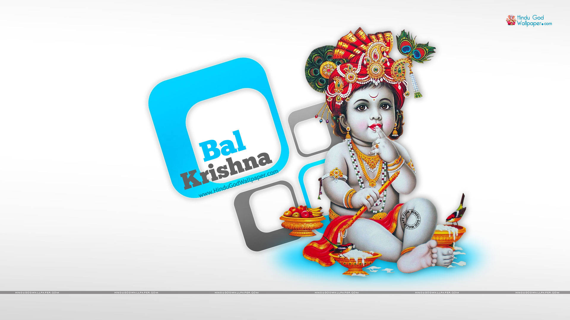 krishna bhagwan 桌布 壁紙 — 一幅色彩繽紛的插圖，描繪嬰兒克里希納盤腿而坐，手持帶有孔雀羽毛和珠寶的笛子，背景為白色並帶有藍色圖形元素。