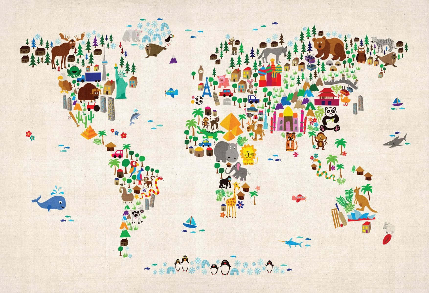 Map 桌布 壁紙 — 一幅色彩繽紛的插圖世界地圖，充滿卡通動物、地標和文化圖標，背景為紋理米色。