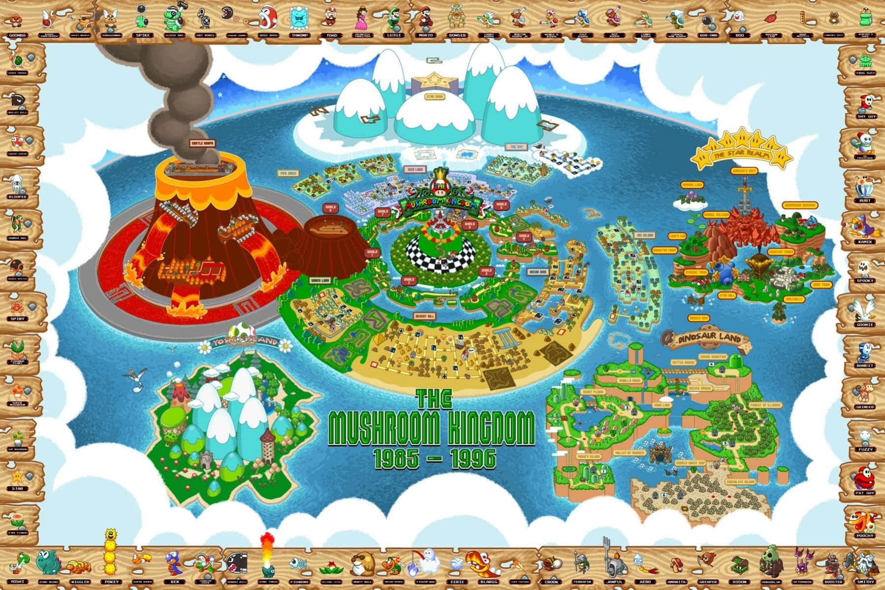 Mushroom Kingdom 桌布 壁紙 — 一幅色彩繽紛的插圖地圖，展示The Mushroom Kingdom的各個區域，如恐龍樂園和耀西島，周圍環繞著雲朵。
