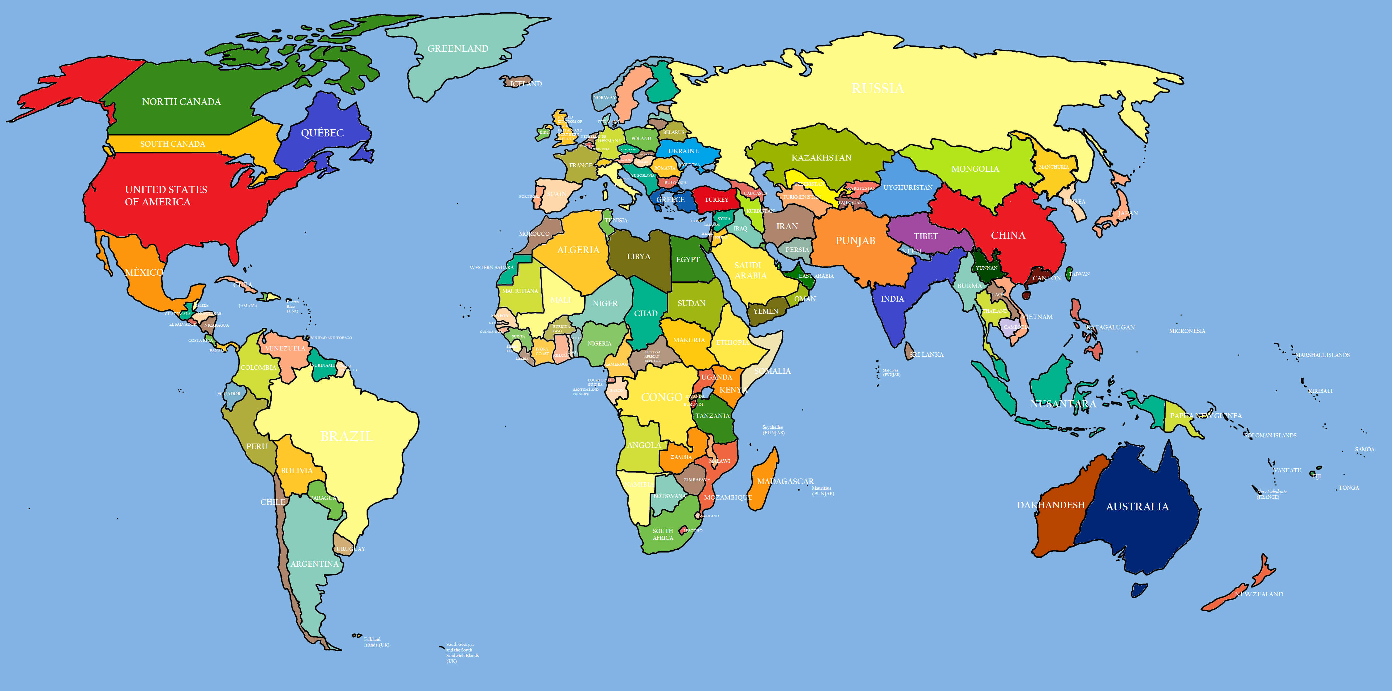 Map 桌布 壁紙 — 一幅色彩繽紛的政治世界地圖，國家以不同的色調標記和陰影，背景為淺藍色海洋。