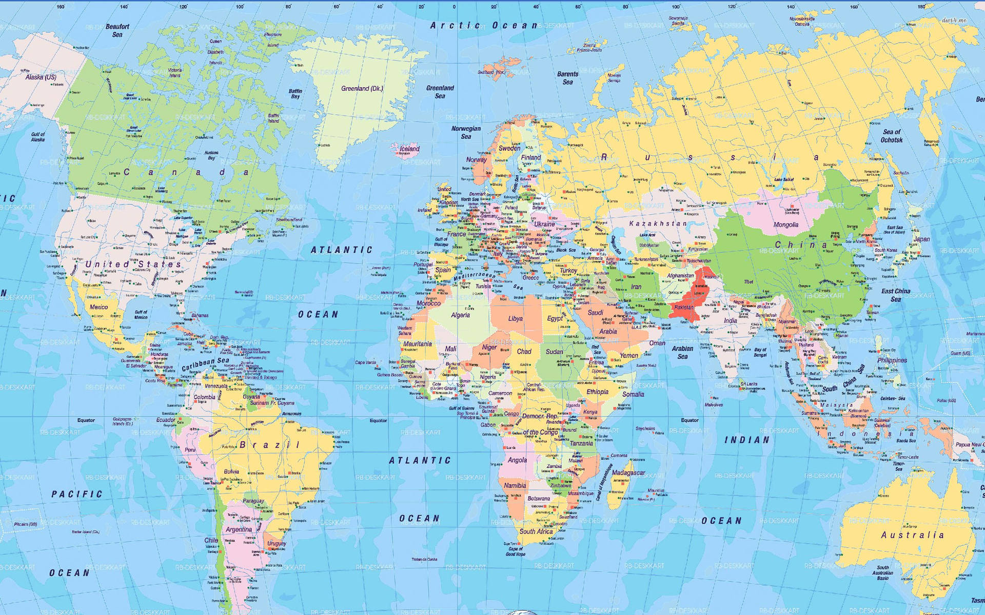 Map 桌布 壁紙 — 一幅色彩繽紛的政治世界地圖，在藍色背景上標有國家、海洋和大洲。