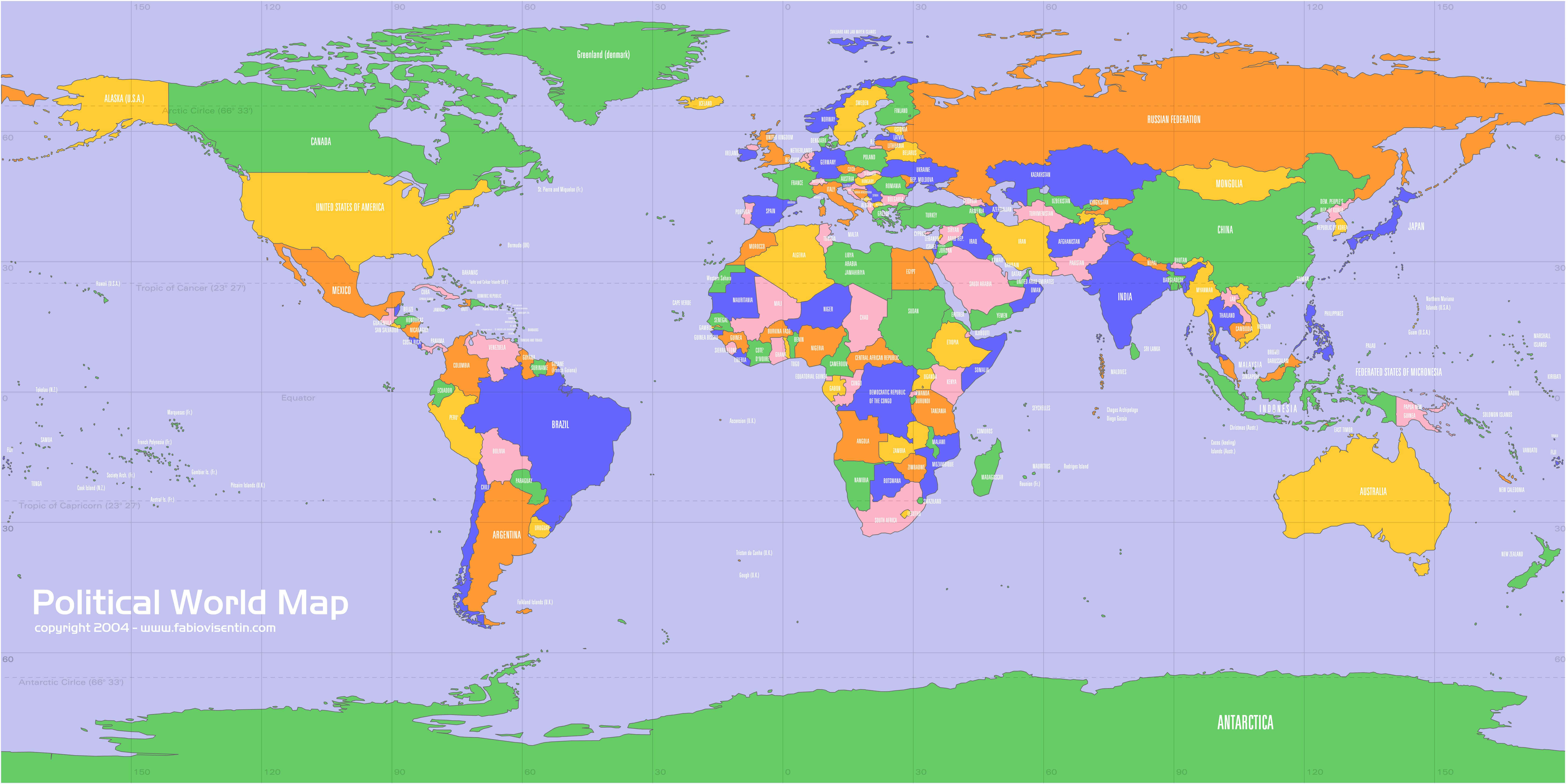 Map 桌布 壁紙 — 一幅色彩繽紛的政治世界地圖，大陸按國家邊界劃分，並以不同色調標示在淺紫色背景上。