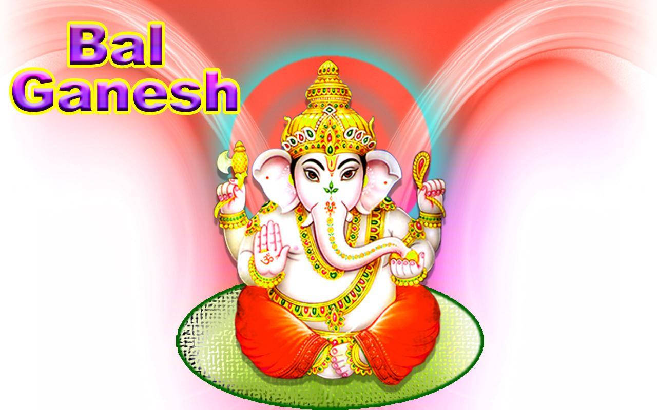 Hindu God 桌布 壁紙 — 一幅色彩繽紛的數位插圖，描繪微笑的兒童象神巴爾·伽內什坐在綠色墊子上，身後有耀眼的粉紅色和藍色漩渦。
