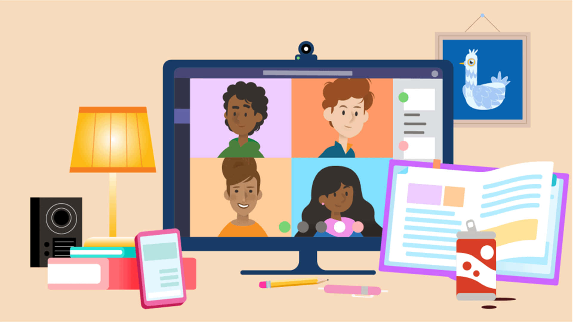 Microsoft Teams 桌布 壁紙 — 一幅色彩繽紛的數位插圖顯示四個不同的人正在桌面顯示器上進行視訊通話，周圍環繞著書籍和燈等學習物品。