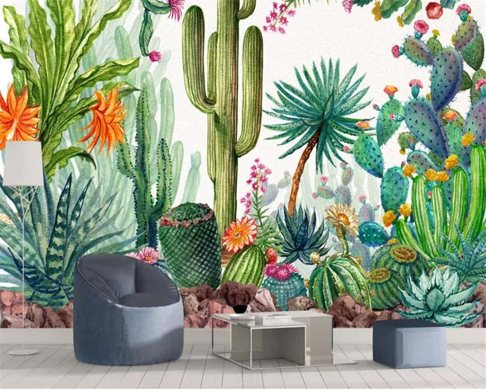 Cactus 桌布 壁紙 — 一幅色彩繽紛的水彩壁畫，描繪了各種仙人掌和多肉植物，帶有橙色花朵，點綴著現代客廳的牆壁。