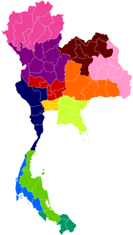 泰國 桌布 壁紙 — 一幅色彩繽紛的泰國政治地圖，省份在黑色背景上以鮮豔色調清晰勾勒並著色。