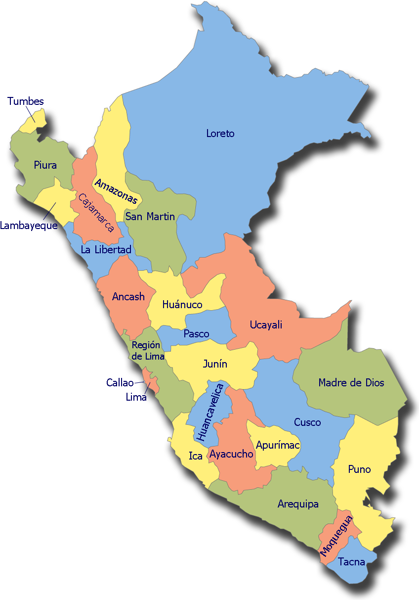 秘魯 桌布 壁紙 — 一幅色彩繽紛的秘魯政治地圖，顯示帶有標籤名稱的區域，背景為黑色。