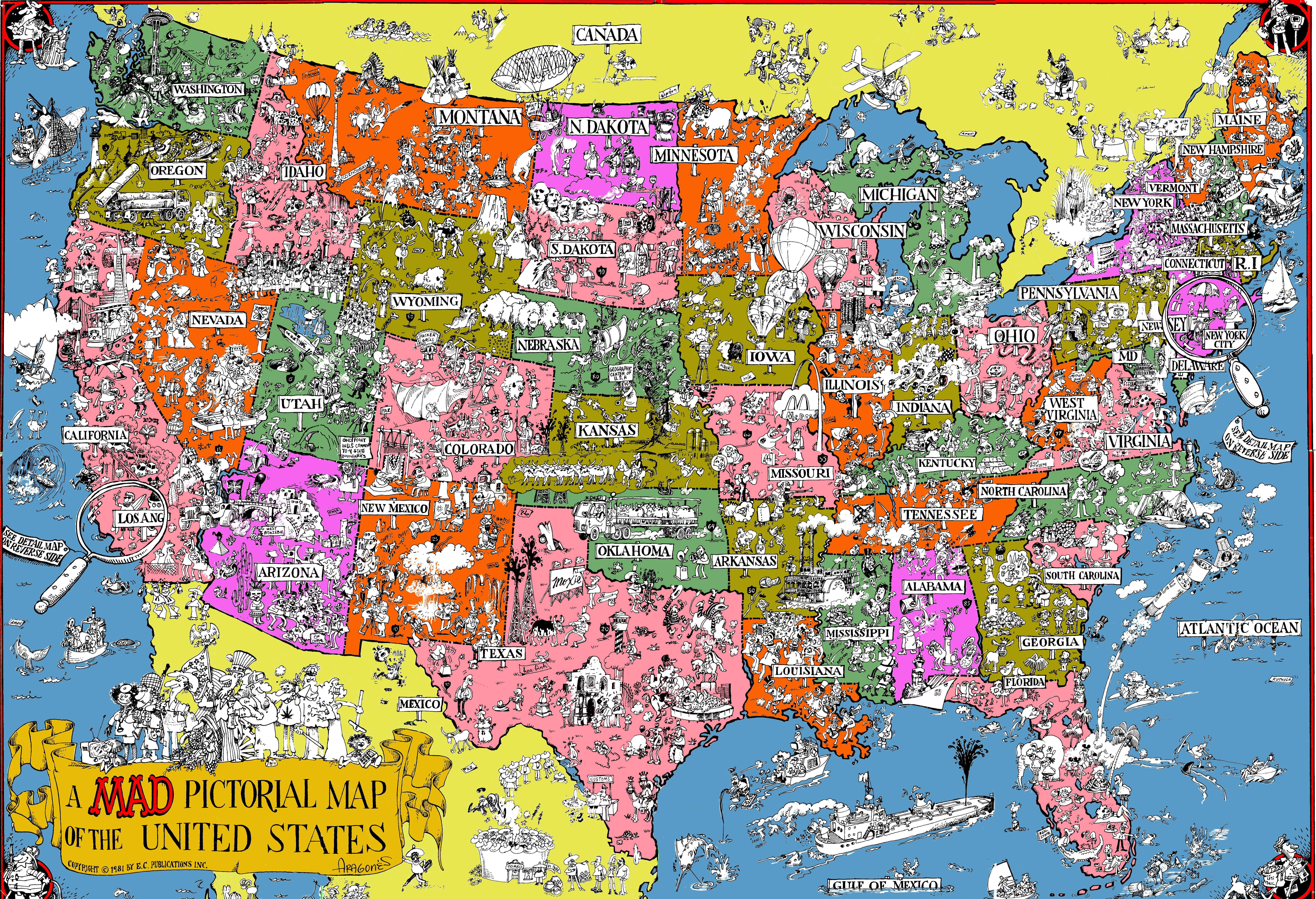United States Map 桌布 壁紙 — 一幅色彩繽紛的美國卡通地圖，充滿了代表每個州的奇思妙想插圖。