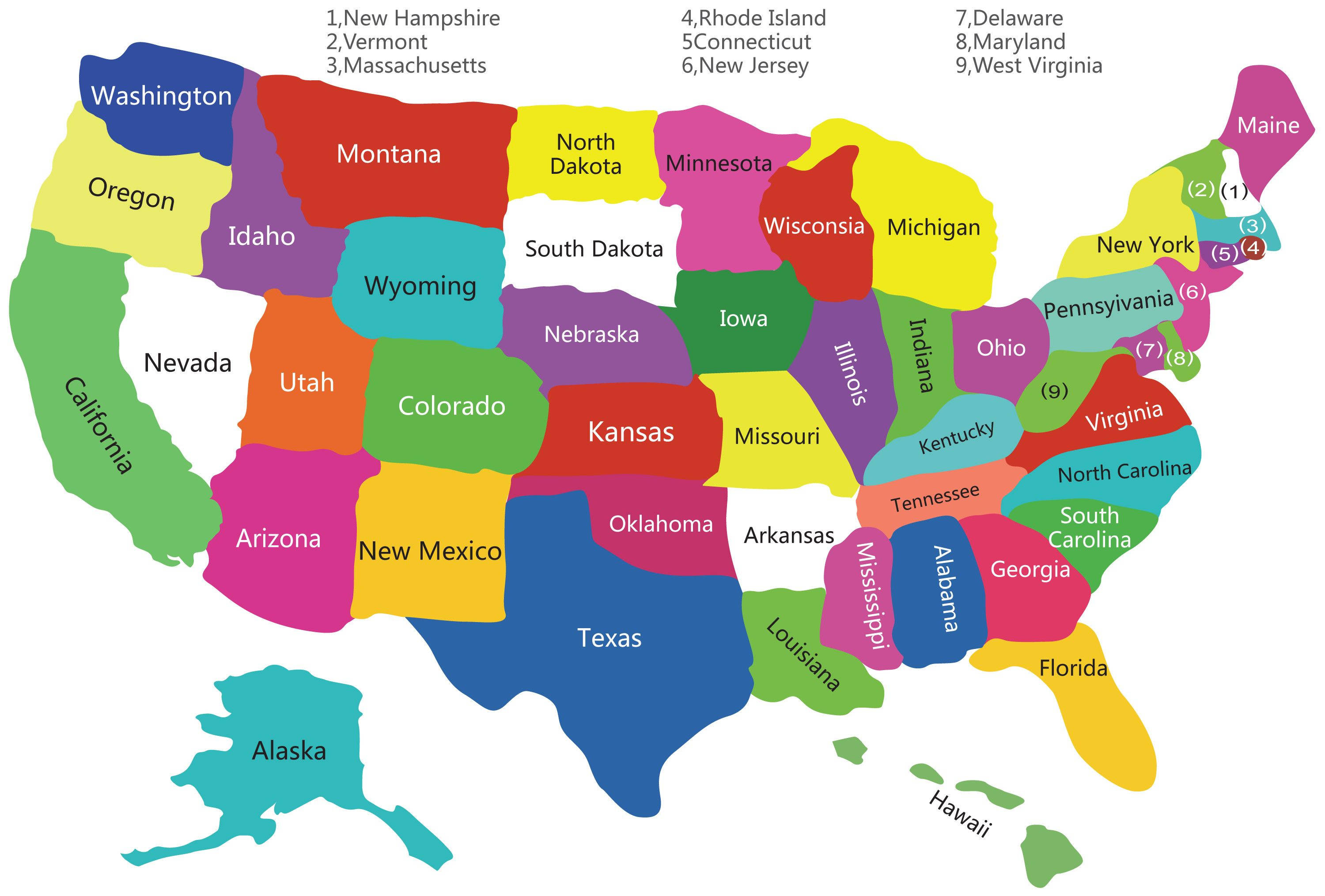 United States Map 桌布 壁紙 — 一幅色彩繽紛的美國插圖地圖，每個州都有標籤和獨特的顏色。